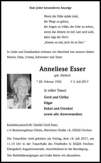 Anzeige von Anneliese Esser von Kölner Stadt-Anzeiger / Kölnische Rundschau / Express