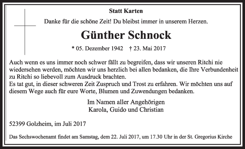  Traueranzeige für Günther Schnock vom 15.07.2017 aus  Sonntags-Post 