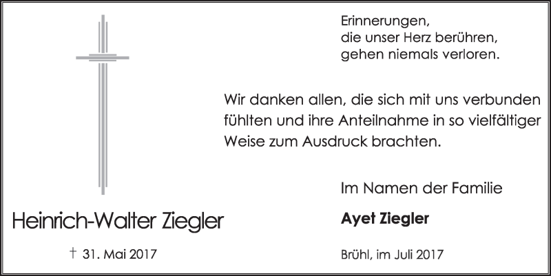  Traueranzeige für Heinrich-Walter Ziegler vom 12.07.2017 aus  Schlossbote/Werbekurier 