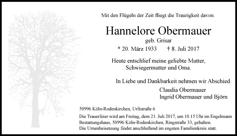  Traueranzeige für Hannelore Obermauer vom 19.07.2017 aus  Kölner Wochenspiegel 