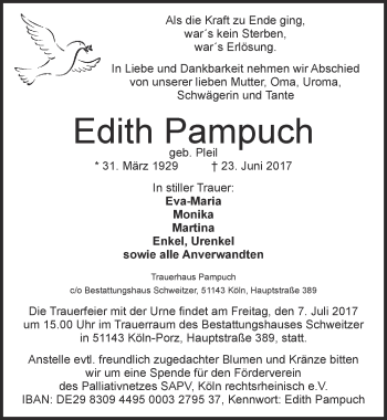 Anzeige von Edith Pampuch von  Kölner Wochenspiegel 