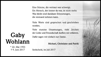 Anzeige von Gaby Wohlann von Kölner Stadt-Anzeiger / Kölnische Rundschau / Express