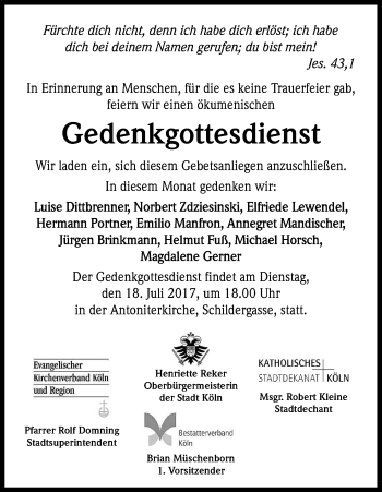 Anzeige von Gedenkgottesdienst  von Kölner Stadt-Anzeiger / Kölnische Rundschau / Express