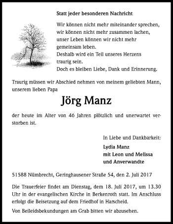 Anzeige von Jörg Manz von Kölner Stadt-Anzeiger / Kölnische Rundschau / Express