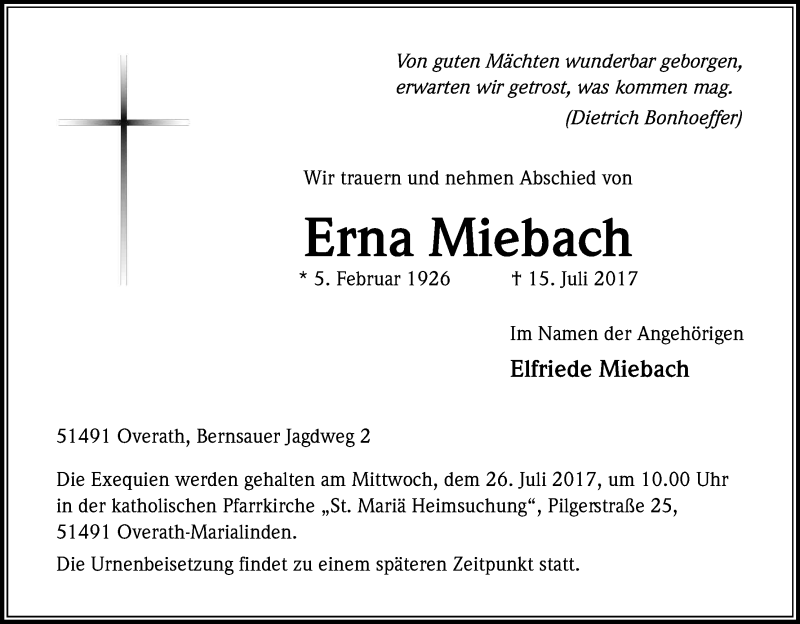  Traueranzeige für Erna Miebach vom 22.07.2017 aus Kölner Stadt-Anzeiger / Kölnische Rundschau / Express
