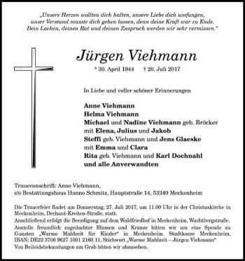 Anzeige von Jürgen Viehmann von Kölner Stadt-Anzeiger / Kölnische Rundschau / Express