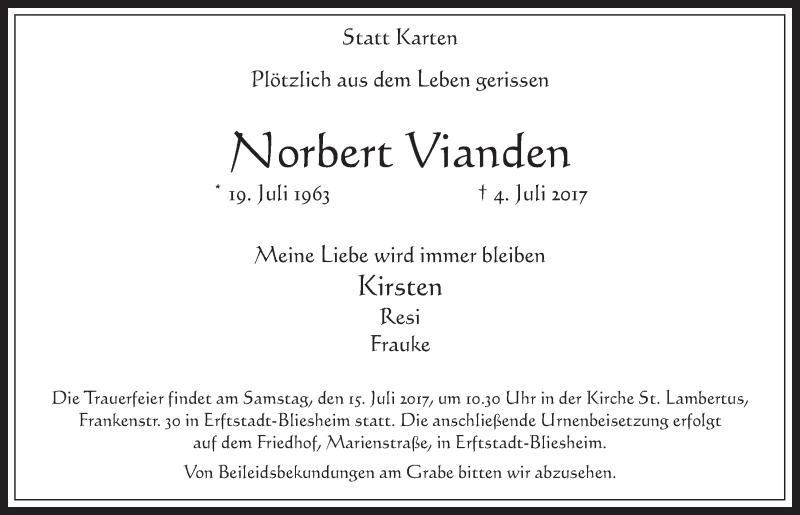  Traueranzeige für Norbert Vianden vom 12.07.2017 aus  Werbepost 