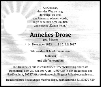 Anzeige von Annelies Drose von Kölner Stadt-Anzeiger / Kölnische Rundschau / Express