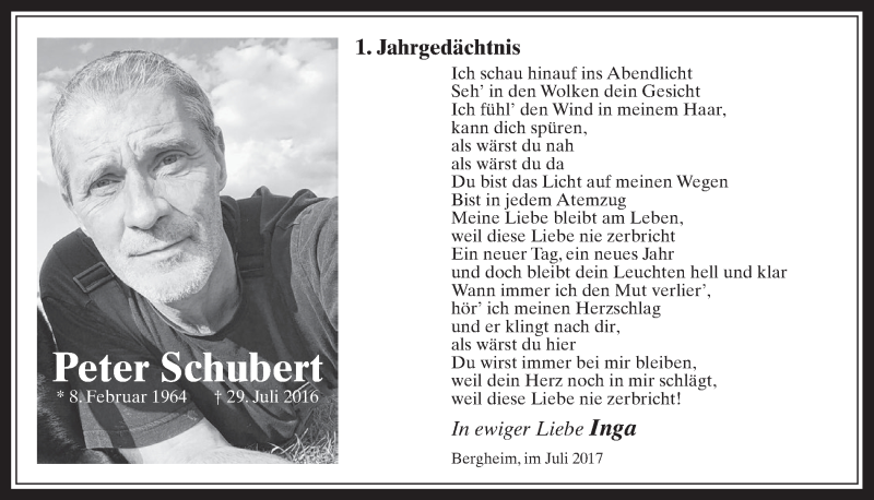  Traueranzeige für Peter Schubert vom 26.07.2017 aus  Werbepost 