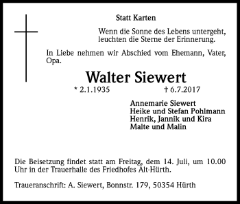Anzeige von Walter Siewert von Kölner Stadt-Anzeiger / Kölnische Rundschau / Express