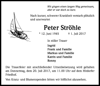 Anzeige von Peter Ströhle von Kölner Stadt-Anzeiger / Kölnische Rundschau / Express