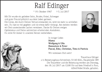 Anzeige von Ralf Edinger von  Kölner Wochenspiegel 