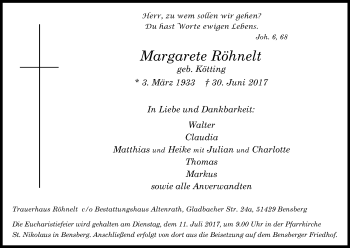 Anzeige von Margarete Röhnelt von Kölner Stadt-Anzeiger / Kölnische Rundschau / Express