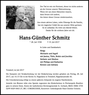 Anzeige von Hans-Günther Schmitz von Kölner Stadt-Anzeiger / Kölnische Rundschau / Express