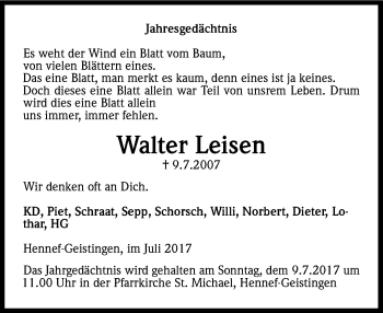 Anzeige von Walter Leisen von Kölner Stadt-Anzeiger / Kölnische Rundschau / Express