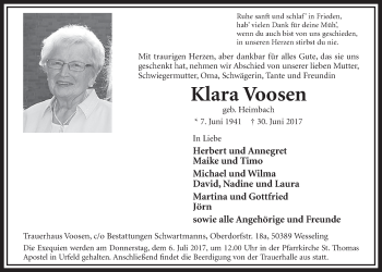 Anzeige von Klara Voosen von  Schlossbote/Werbekurier 