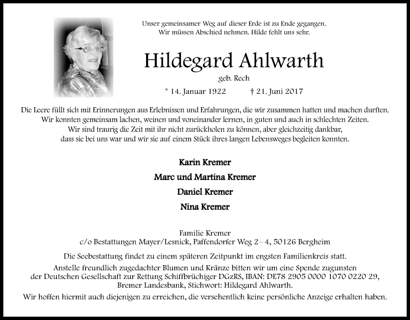  Traueranzeige für Hildegard Ahlwarth vom 08.07.2017 aus Kölner Stadt-Anzeiger / Kölnische Rundschau / Express