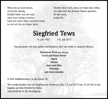 Anzeige von Siegfried Tews von Kölner Stadt-Anzeiger / Kölnische Rundschau / Express