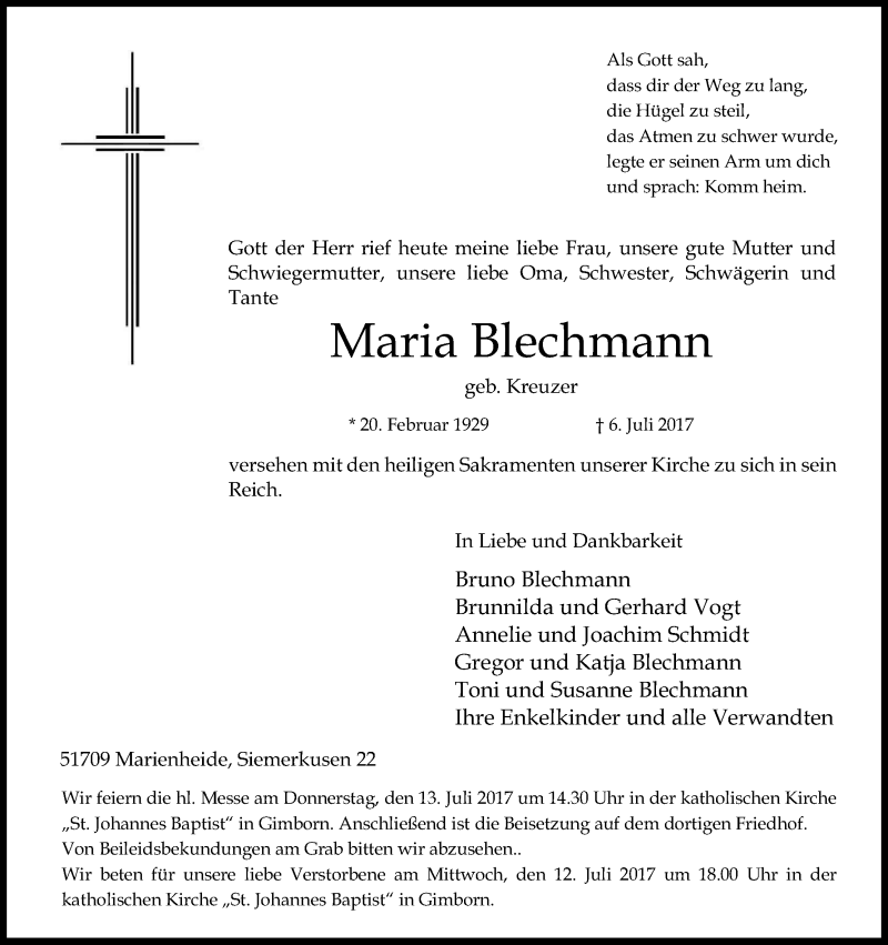  Traueranzeige für Maria Blechmann vom 11.07.2017 aus Kölner Stadt-Anzeiger / Kölnische Rundschau / Express