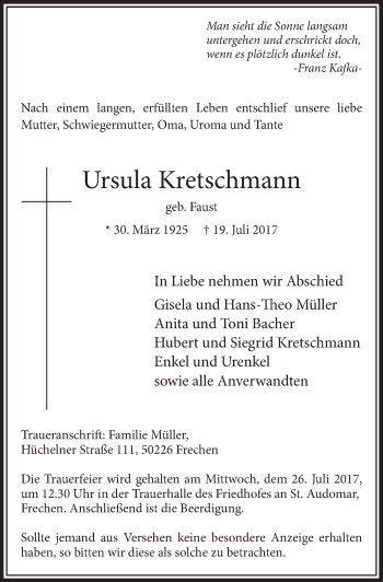Anzeige von Ursula Kretschmann von  Sonntags-Post 