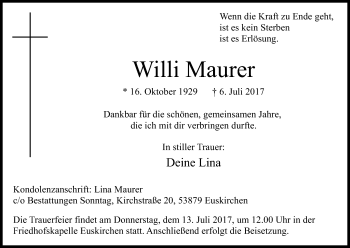 Anzeige von Willi Maurer von Kölner Stadt-Anzeiger / Kölnische Rundschau / Express