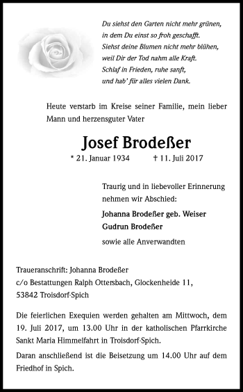 Anzeige von Josef Brodeßer von Kölner Stadt-Anzeiger / Kölnische Rundschau / Express