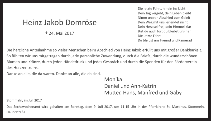  Traueranzeige für Heinz Jakob Domröse vom 05.07.2017 aus  Wochenende 
