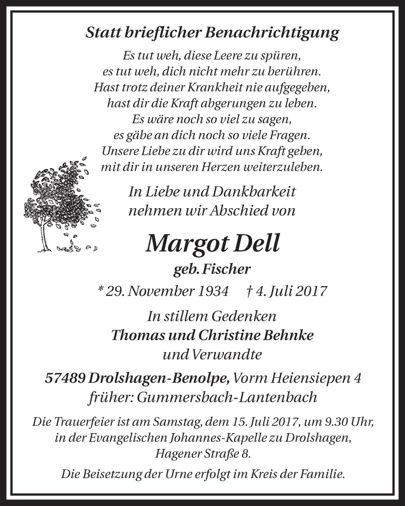  Traueranzeige für Margot Dell vom 12.07.2017 aus  Anzeigen Echo 