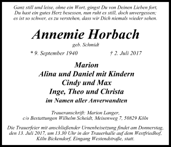 Anzeige von Annemie Horbach von Kölner Stadt-Anzeiger / Kölnische Rundschau / Express