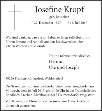 Anzeige von Josefine Kropf von  Sonntags-Post 