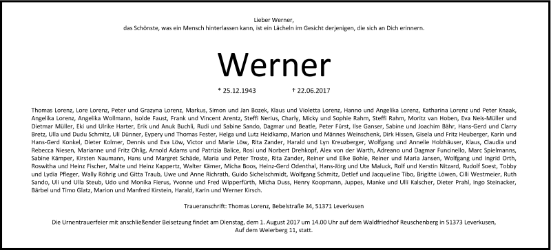  Traueranzeige für Werner  vom 15.07.2017 aus Kölner Stadt-Anzeiger / Kölnische Rundschau / Express