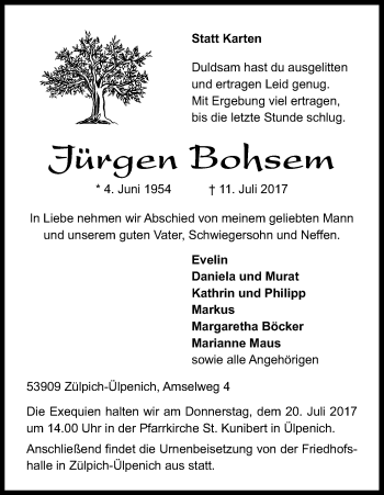 Anzeige von Jürgen Bohsem von Kölner Stadt-Anzeiger / Kölnische Rundschau / Express