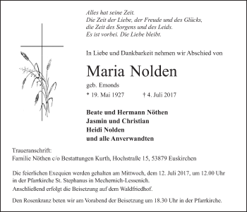 Anzeige von Maria Nolden von  Blickpunkt Euskirchen 