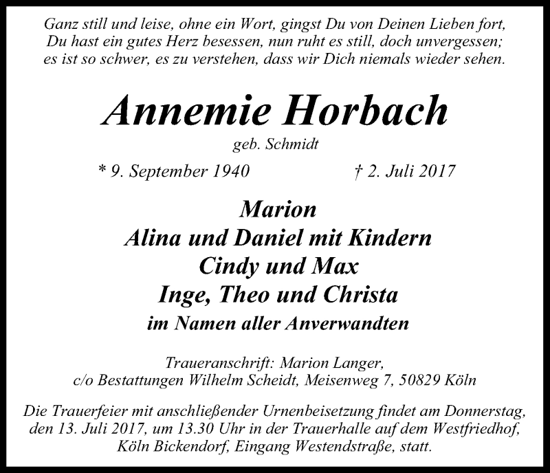  Traueranzeige für Annemie Horbach vom 08.07.2017 aus Kölner Stadt-Anzeiger / Kölnische Rundschau / Express