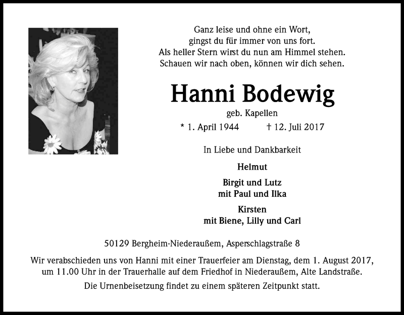  Traueranzeige für Hanni Bodewig vom 24.07.2017 aus Kölner Stadt-Anzeiger / Kölnische Rundschau / Express