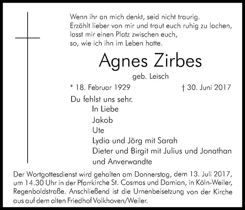  Traueranzeige für Agnes Zirbes vom 08.07.2017 aus Kölner Stadt-Anzeiger / Kölnische Rundschau / Express