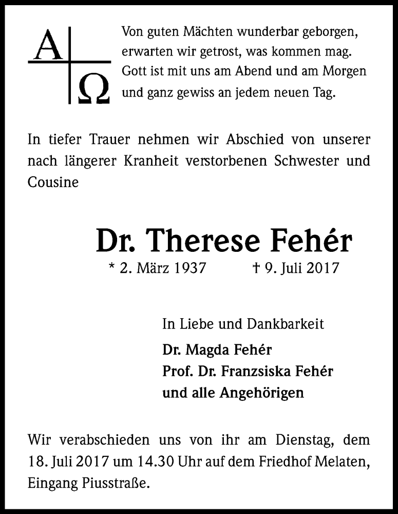  Traueranzeige für Therese Feher vom 15.07.2017 aus Kölner Stadt-Anzeiger / Kölnische Rundschau / Express