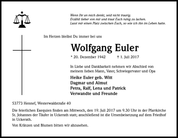 Anzeige von Wolfgang Euler von Kölner Stadt-Anzeiger / Kölnische Rundschau / Express