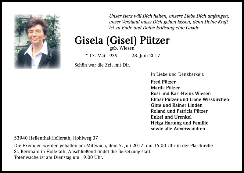 Traueranzeige für Gisela  Pützer vom 04.07.2017 aus Kölner Stadt-Anzeiger / Kölnische Rundschau / Express