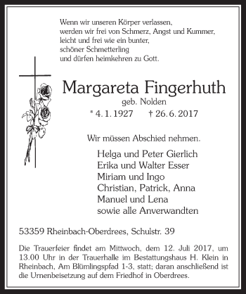 Anzeige von Margareta Fingerhuth von  Schaufenster/Blickpunkt 