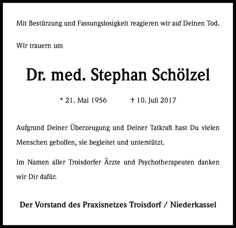  Traueranzeige für Stephan Schölzel vom 22.07.2017 aus Kölner Stadt-Anzeiger / Kölnische Rundschau / Express