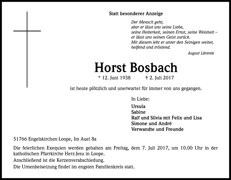  Traueranzeige für Horst Bosbach vom 04.07.2017 aus Kölner Stadt-Anzeiger / Kölnische Rundschau / Express
