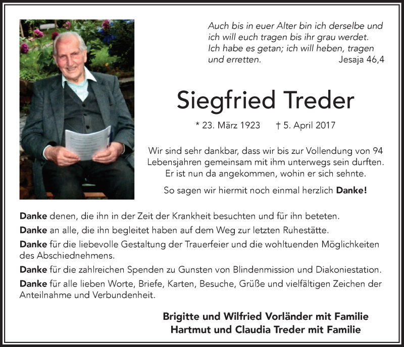  Traueranzeige für Siegfried Treder vom 19.07.2017 aus  Lokalanzeiger 