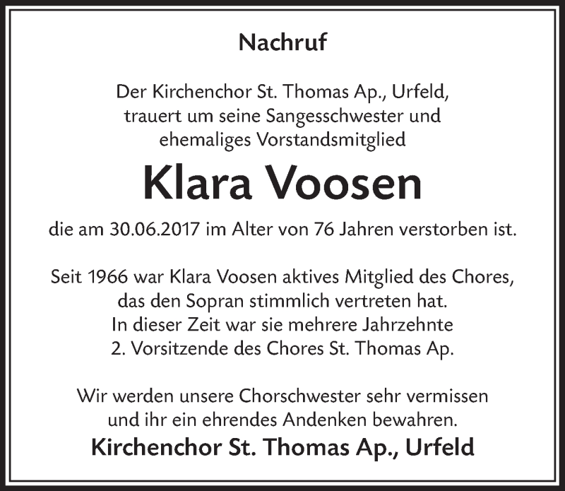  Traueranzeige für Klara Voosen vom 12.07.2017 aus  Schlossbote/Werbekurier 