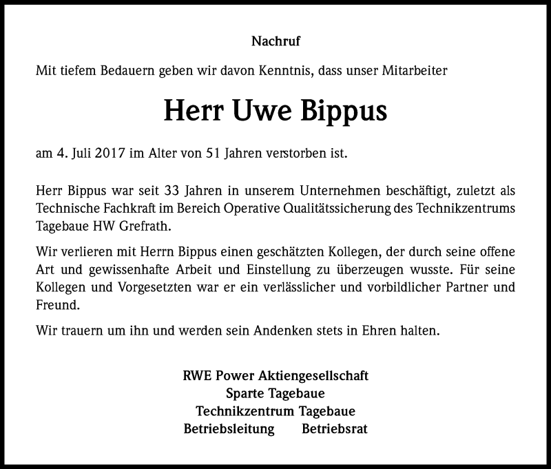  Traueranzeige für Uwe Bippus vom 21.07.2017 aus Kölner Stadt-Anzeiger / Kölnische Rundschau / Express