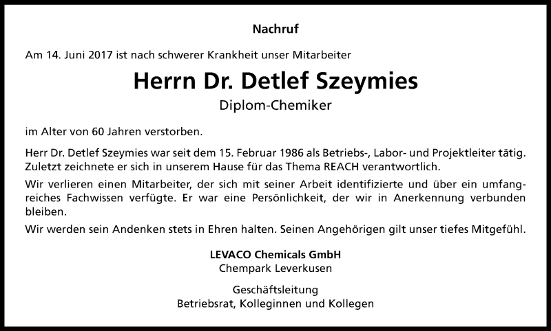  Traueranzeige für Detlef Szeymies vom 05.07.2017 aus Kölner Stadt-Anzeiger / Kölnische Rundschau / Express