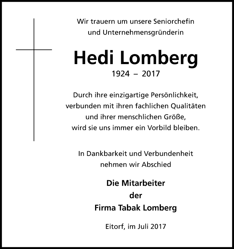  Traueranzeige für Hedi Lomberg vom 08.07.2017 aus Kölner Stadt-Anzeiger / Kölnische Rundschau / Express