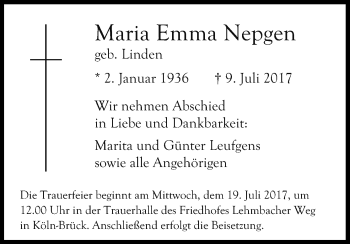 Anzeige von Maria Emma Nepgen von Kölner Stadt-Anzeiger / Kölnische Rundschau / Express