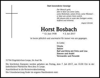 Anzeige von Horst Bosbach von Kölner Stadt-Anzeiger / Kölnische Rundschau / Express
