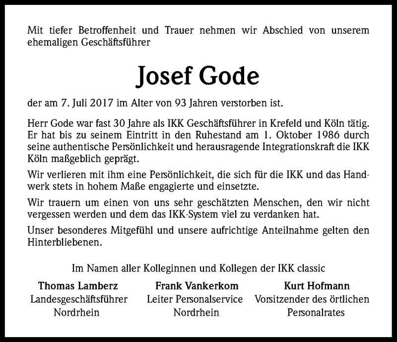  Traueranzeige für Josef Gode vom 22.07.2017 aus Kölner Stadt-Anzeiger / Kölnische Rundschau / Express